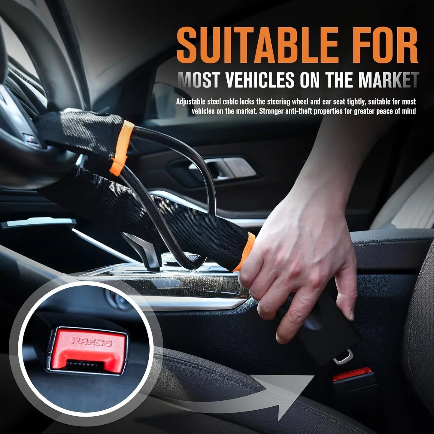 Universal Car Steering Wheel Lock With Seat Belt Socket locks
