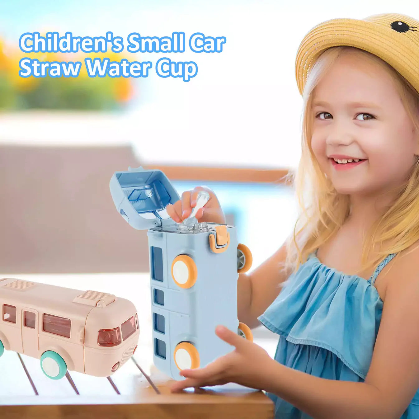 Bus Shape Water Bottle with Straw for Kids